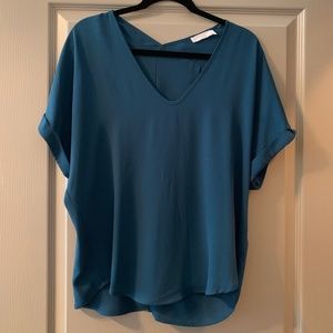 Dark Blue V-Neck Short-Sleeve Blouse